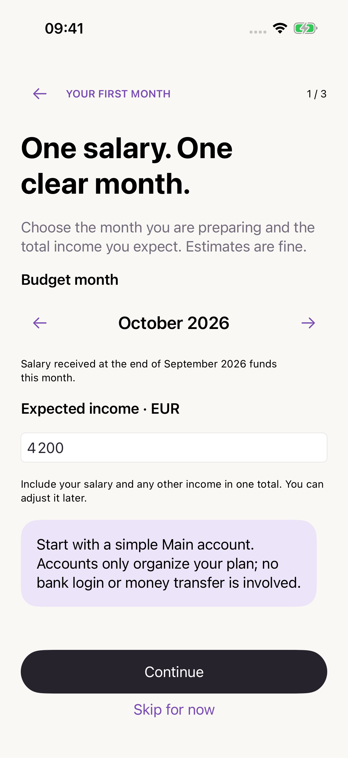 The first setup step asks for the budget month and expected income.
